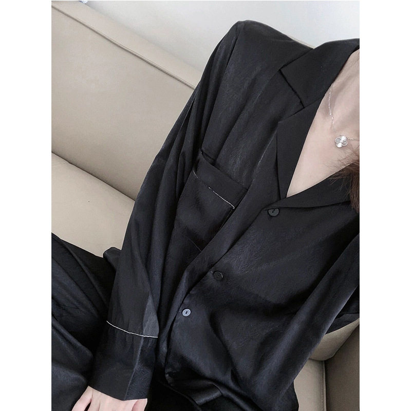 ins网红花边长袖简约黑春秋季长袖长裤开衫睡衣女甜美宽松家居服