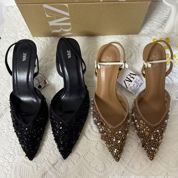 Za2025 Spring Women's Shoes Beaded Apricot High Heels Mesh Open Heel Pointed Toe Stiletto Heel Mule Sandals