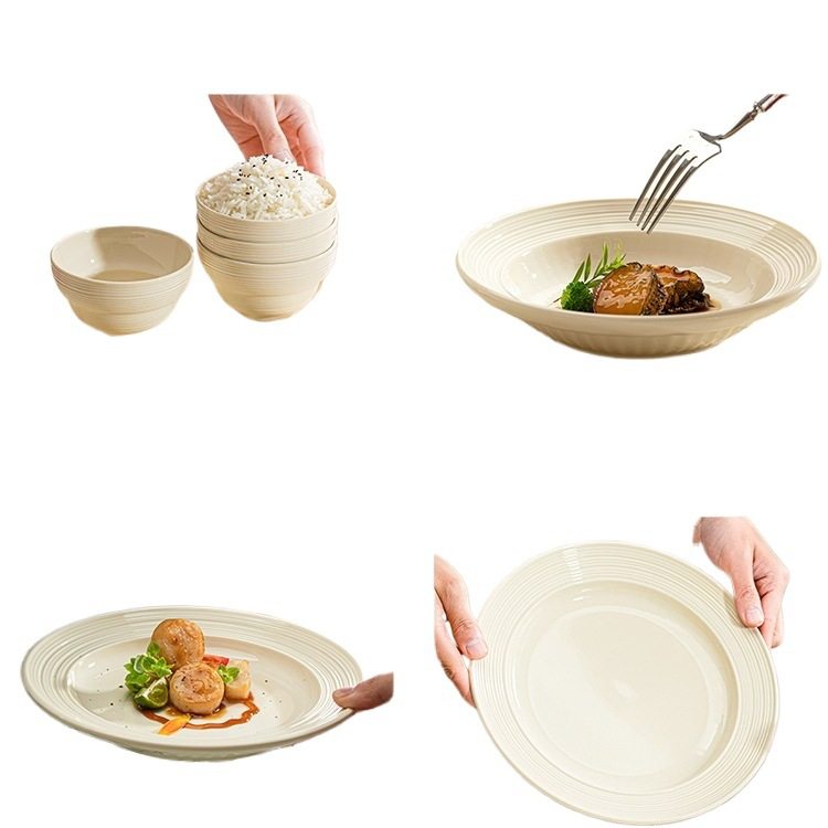 Cream-Style Bowl and Plate Set for Home Use, 2025 New Model, High-Value Bowl, Plate, and Chopsticks with Underglaze Color, Housewarming Tableware Set