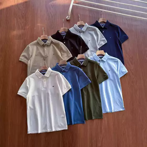 Summer Tommy Men's Business Casual Solid Color Embroidered Lapel Short-Sleeved T-Shirt Polo Shirt