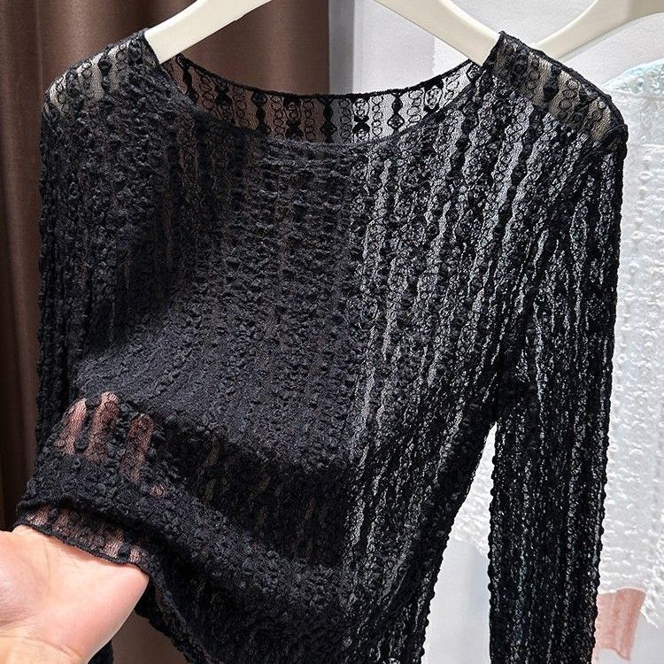 French Lace Long Sleeve T Shirt for Women Lightweight Sheer Slim Fit Round Neck Summer Layering Top Wholesale
