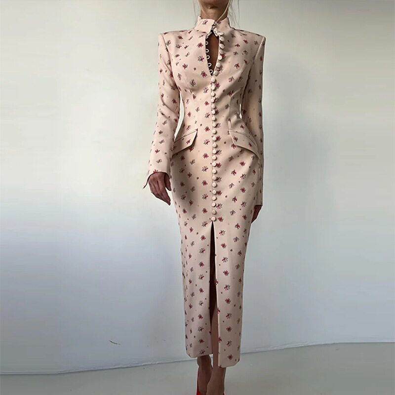 Spring Floral Print Split Hem Dress Elegant Sexy Button Closure Womens Fashion for Casual Occasions Wholesale