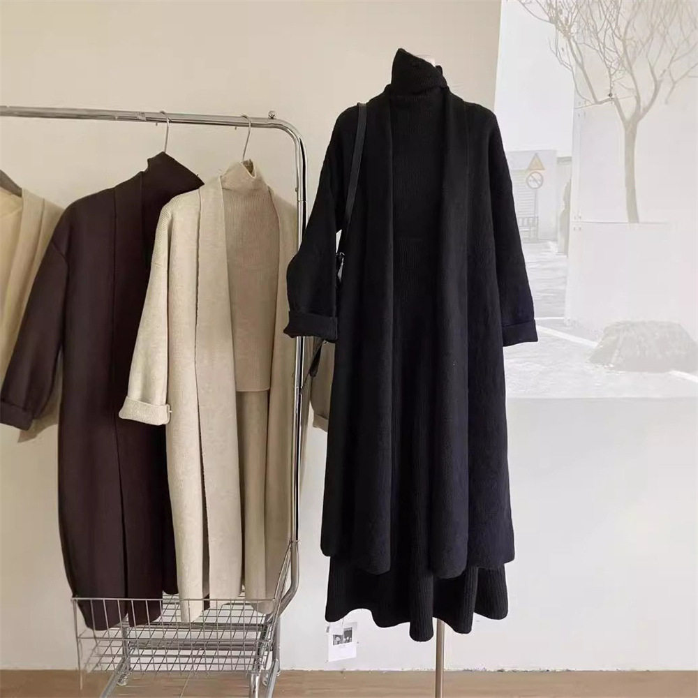 High-End Long-Sleeved Mid-Length Knitted Sweater Suit for Women, Autumn and Winter New Style High-Neck Vest, Half-Length Skirt, Three-Piece Set