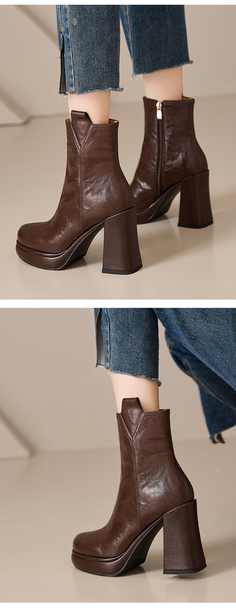 Boot nữ cổ thấp gót thô 10cm khoá kéo bên hông, da bò vân mềm phong cách Anh — Lớp lót đơn màu đen, Lớp lót đơn màu nâu, Lót nhung đen, Lót nhung màu nâu