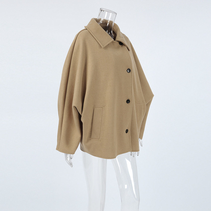 秋季时尚高级感棕色毛呢翻领蝙蝠袖开衫外套欧美跨境简约通勤女装