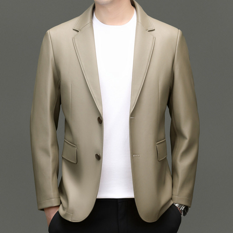 Áo Khoác Blazer Nam Da PU Giả Da Phong Cách Thanh Lịch Màu Đen, Be