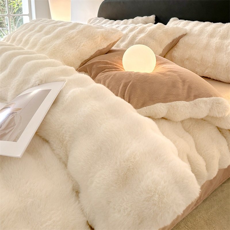 Thick Rabbit Plush Milk Velvet Four-Piece Set Winter Warm Rabbit Velvet Bed Bed Sheets Quilt Cover Lazy Rabbit Velvet Coral Velvet 4
