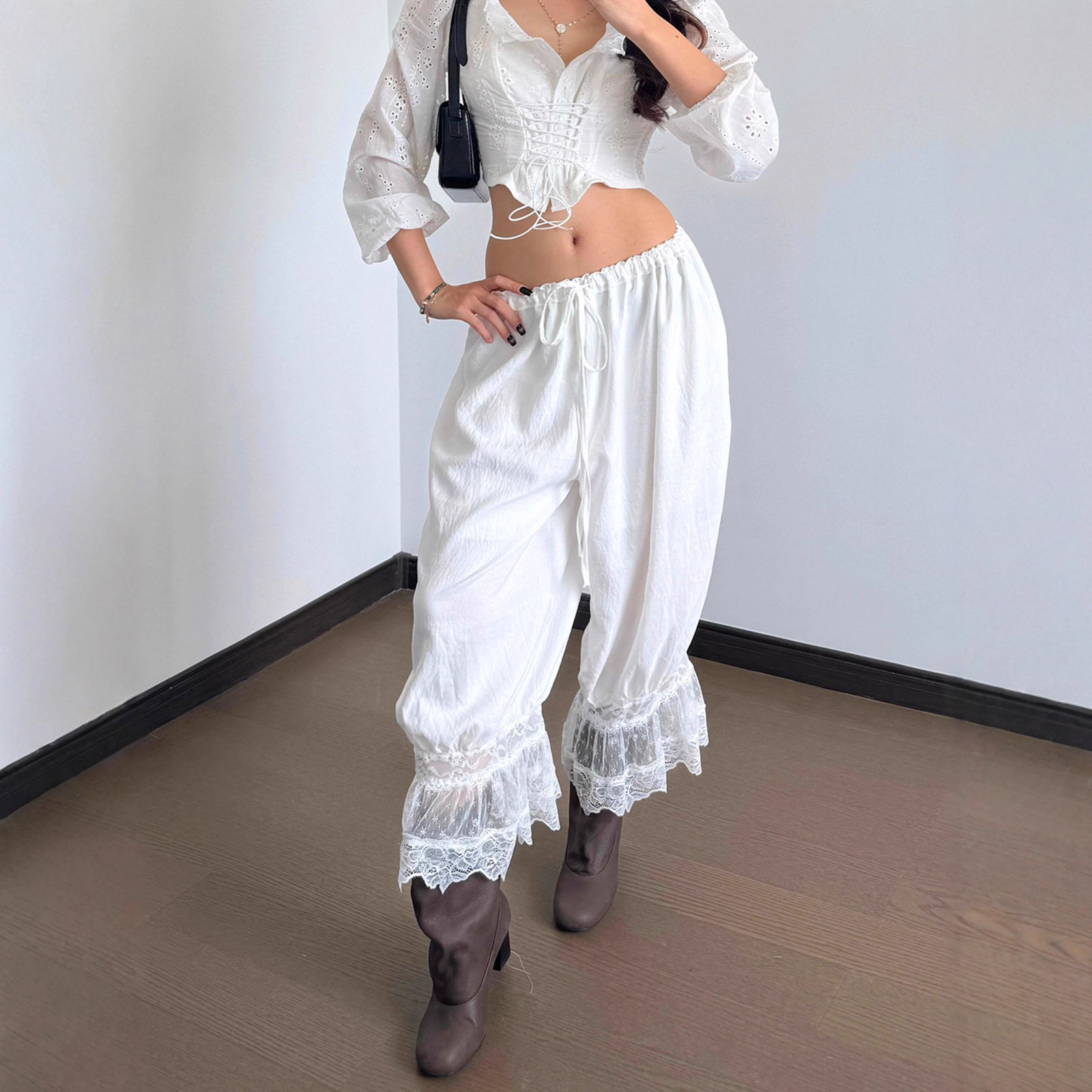 Womens Casual Low Waist Pants Fashionable Lace Patchwork Trendy Street Style Autumn Wholesale Available