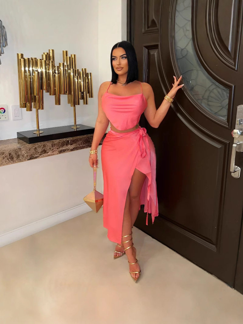 New Amazon Cross-border European and American Sexy Slim Lace-up Sling Collar Strap Skirt Two-piece High Split Women's Clothing