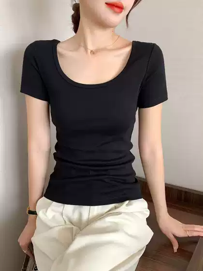 A generation of double U-collar short sleeve T-shirt women's summer rib fashion casual style solid color Joker design top
