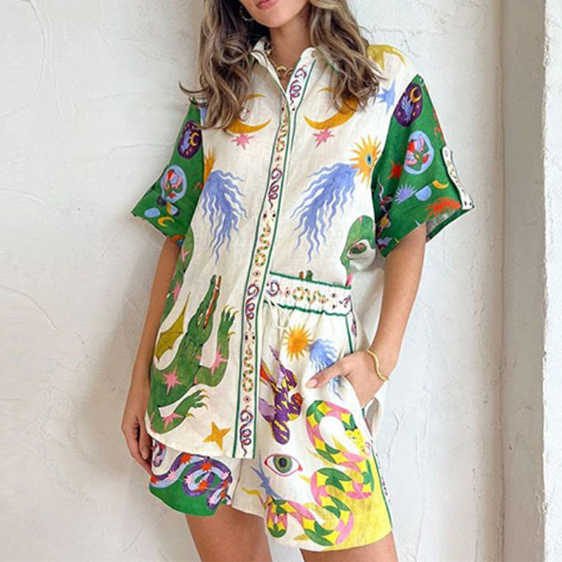 Womens Floral Print Shirt and Tie Front Shorts Set Casual Elegant Style Spring Collection Wholesale Available