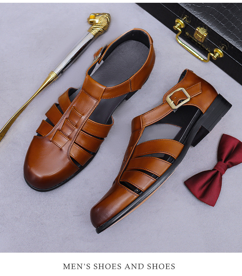 Dép sandal nam bít mũi da bò cổ điển khóa cài thoáng khí — Màu nâu, Màu đen