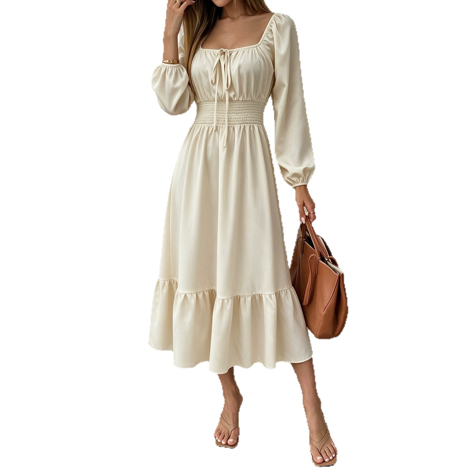 Square Neck Long Sleeve Dress for Women Puff Sleeves Waist Tie Ruffled Hem Slim Fit Perfect for Spring and Summer