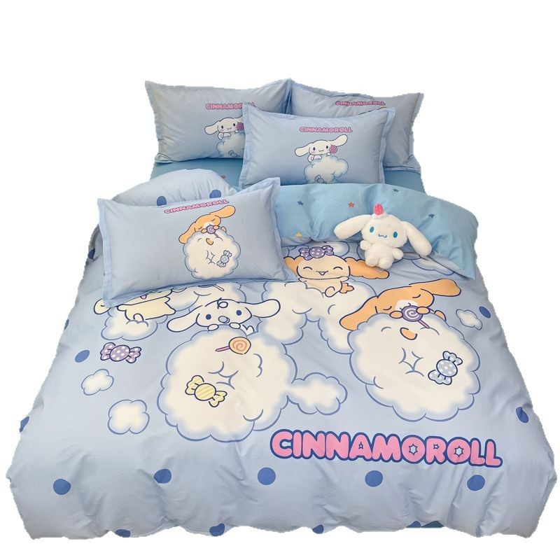 Sanrio Large Printed Cotton Four-Piece Set Pure Cotton Cartoon Kuromi Student Three-Piece Set Fitted Sheet and Quilt Cover Cross-Border