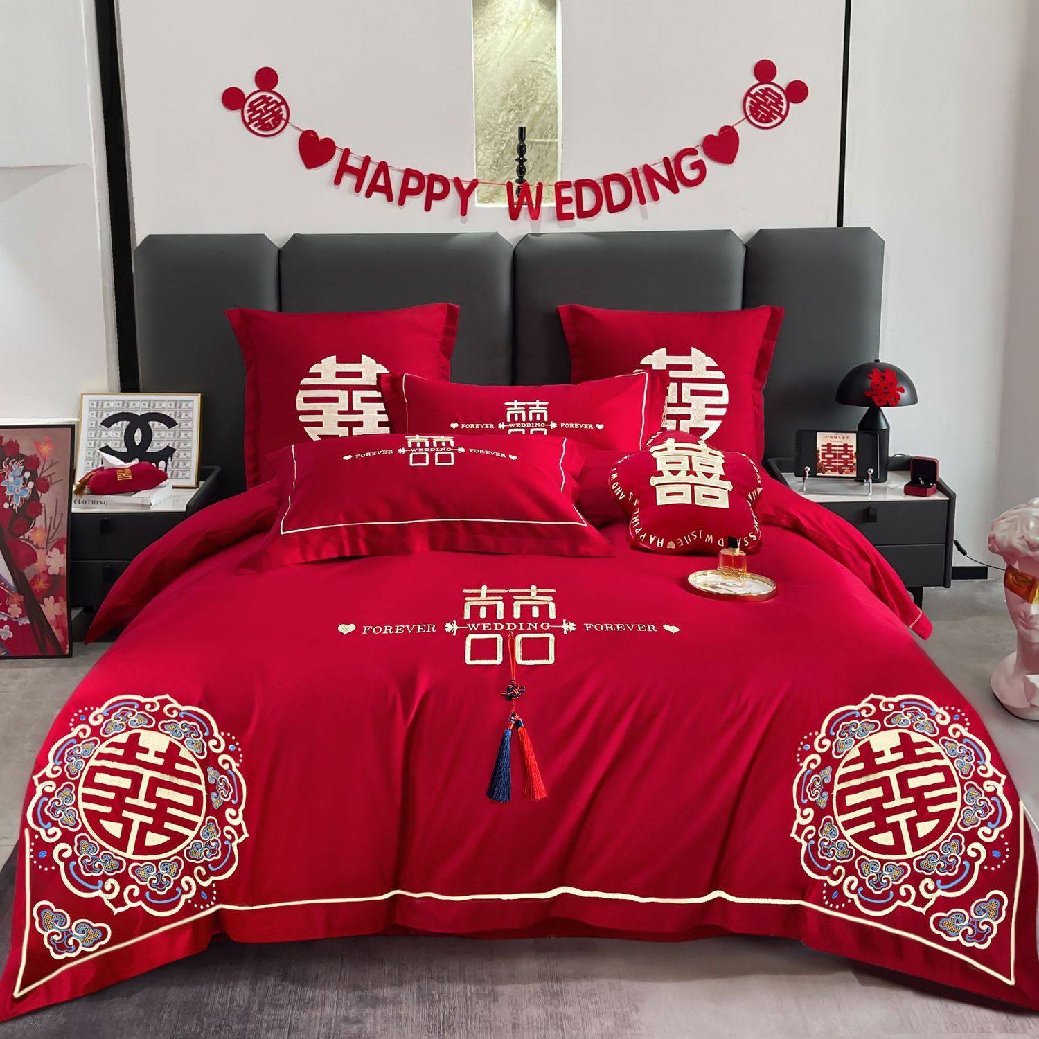 Wedding Bed Four-Piece Set Wedding Big Red Embroider Wedding Room Wedding Supplies Classy Chinese Style Wedding Bedding Set