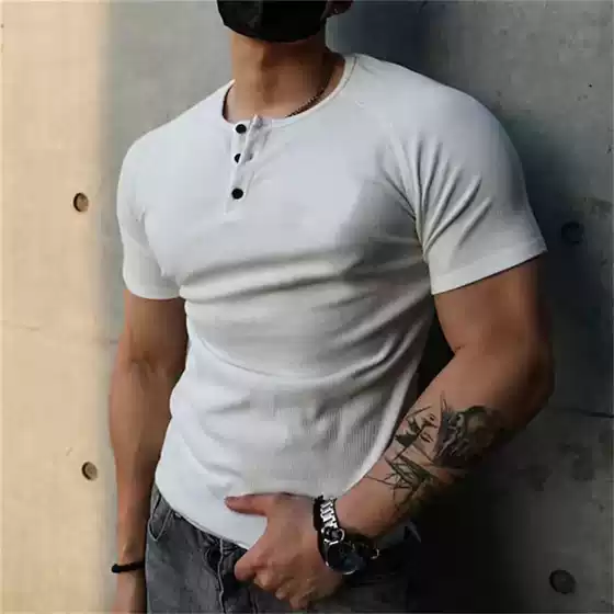 Threaded 230g Cotton Heavy Henry Shirt Amazon Cross-border Men's T-shirt Solid Color Men's Retro Summer Short Sleeve Fitness