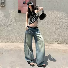 2025 Summer Light Washed Three-Dimensional Cat Whiskers Low Waist Straight-Leg Women's Jeans Loose Wide Leg Pants Spandex