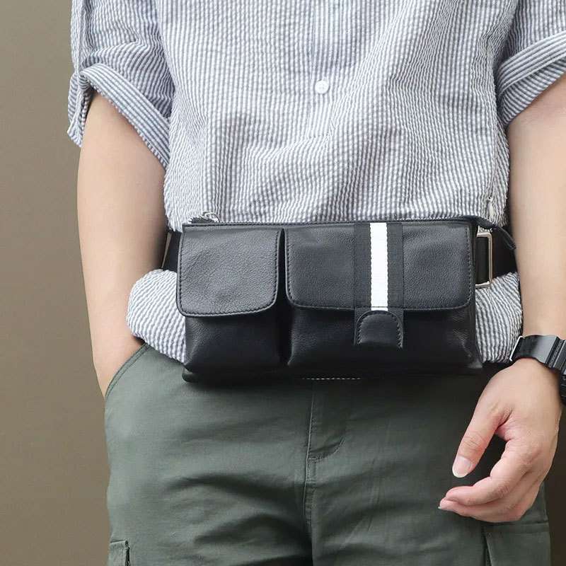 Túi bao tử nam da bò thật đeo bụng và đeo chéo ngực phong cách tối giản — Màu đen
