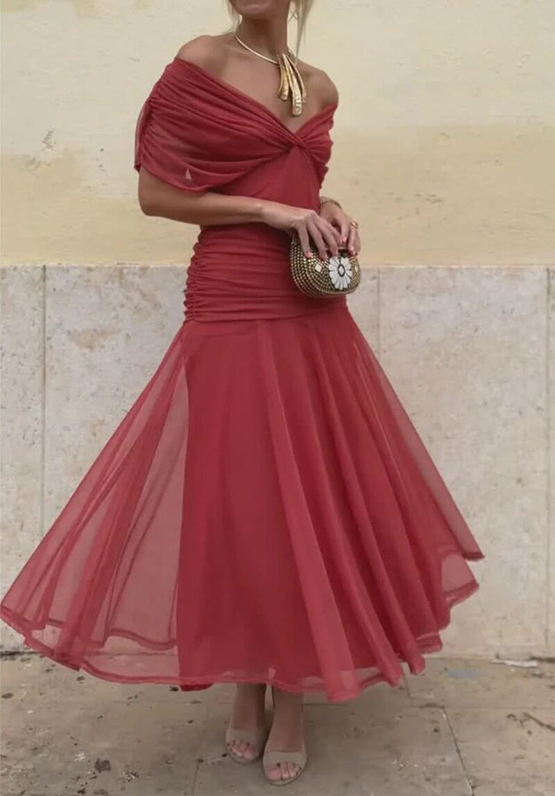 Elegant Womens Solid Color Deep V Neck Mesh Dress Waist Defined Autumn Style Wholesale Available