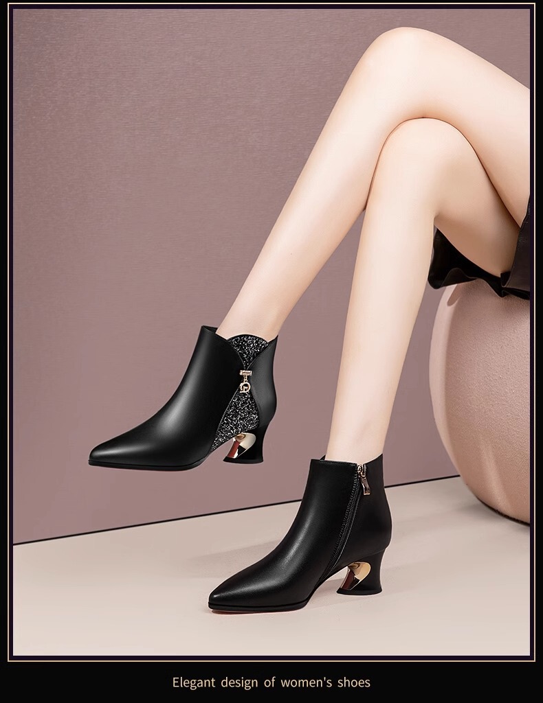 Boot nữ cổ thấp gót thô mũi nhọn phối kim loại lấp lánh, lót lông giữ ấm — Màu đen, Màu nâu