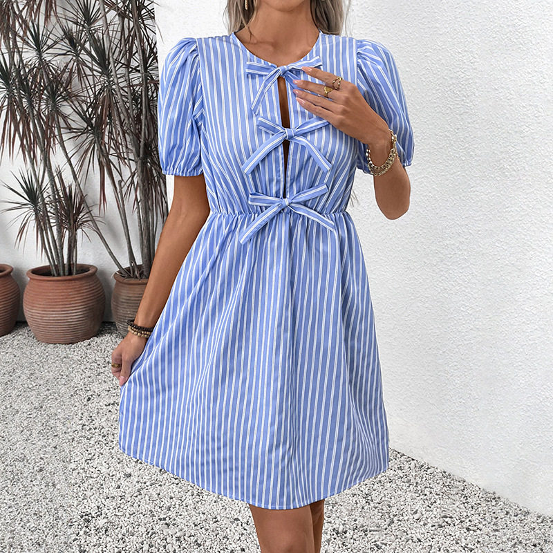 Vintage Striped Dress Summer Collection Round Neck Bow Tie Detail Elegant Style Wholesale Available