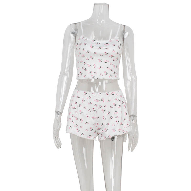 Floral Print Cami Top and Shorts Set Ruffled Edges Casual Style Comfortable Fabric Perfect for Home Relaxation