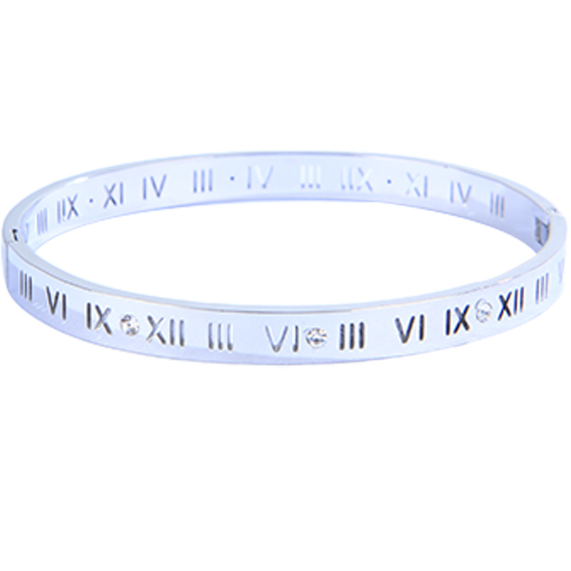 手镯银色不锈钢素圈子开口手环镂空罗马数字钛钢批发女士饰品