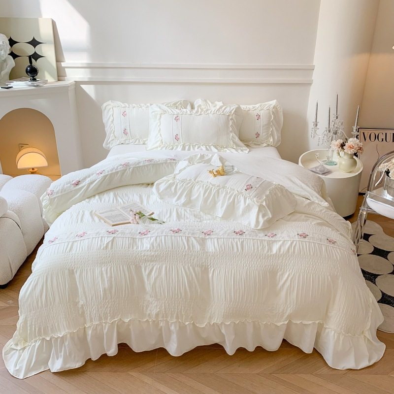 French seersucker embroidered sanding four-piece lace quilt cover bed sheet three-piece bedding