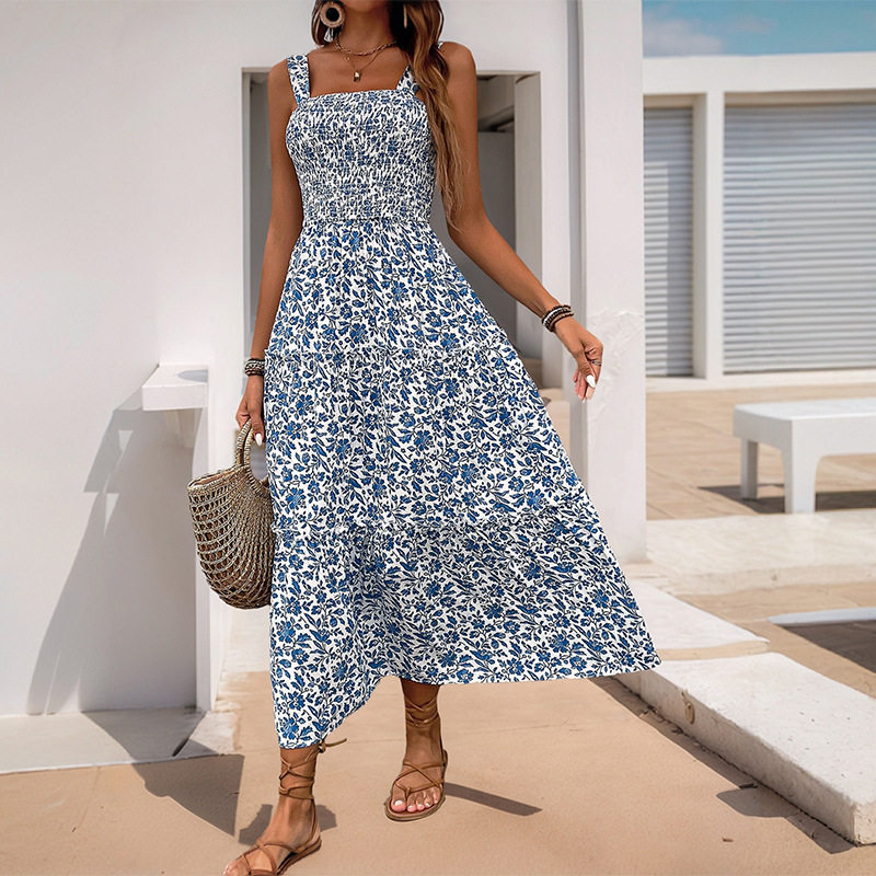 Summer Floral Maxi Dress Sleeveless Elastic Waist Casual Style Perfect for Beach or Outdoor Events Wholesale