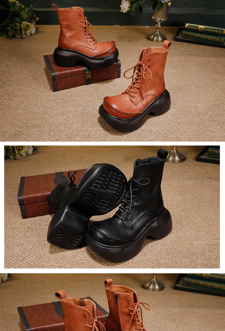 Boot Martin nữ cổ ngắn đế dày da bò thật tăng chiều cao — màu đen, Màu nâu