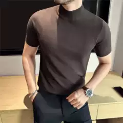 Men's Short Sleeve Knit Sweater Fashion Versatile Half Turtleneck Slim Fit Short Sleeve Pullover Base Layer