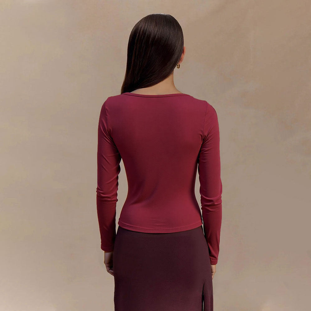 V Neck Slim Fit T Shirt Burgundy Color Soft Fabric Spring Summer Style Perfect for Casual Wear Wholesale Available