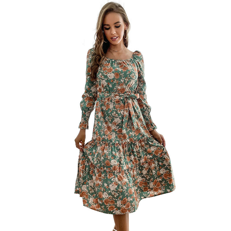 Vintage Floral Print Long Sleeve Dress Slim Fit Ruffled Design Square Neckline Perfect for Spring and Summer Events