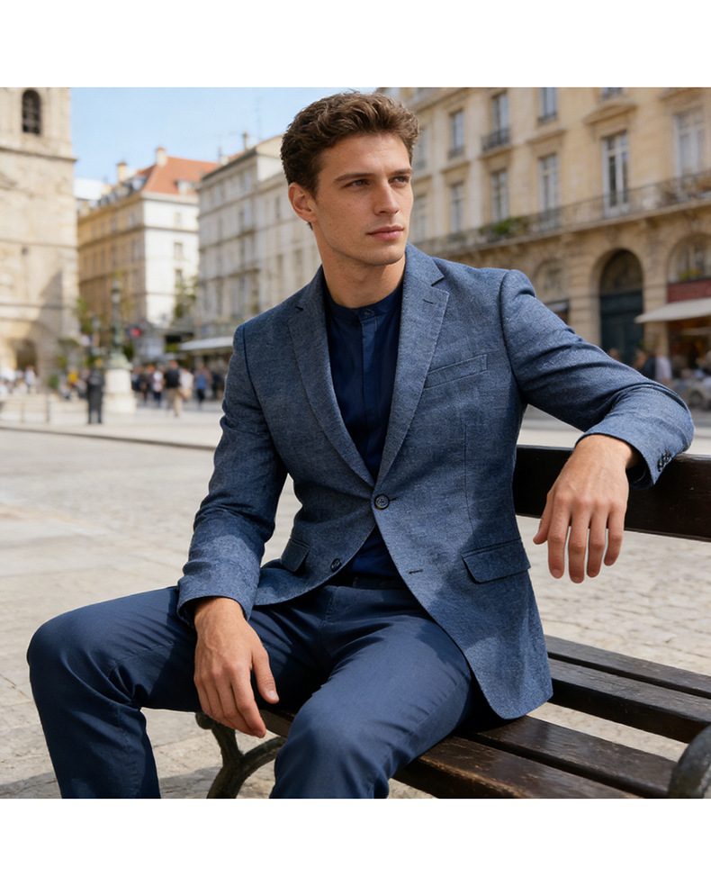 Bộ vest nam công sở không nhăn dáng ôm hai món — Màu xanh dương (áo + quần tây), Áo màu xanh dương