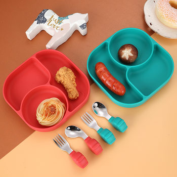 Children's Silicone Fork Spoon 304 Baby Baby Anti-fall Integrated Suction Cup Toddler Food Supplementation Feeding Plate Gift Pack