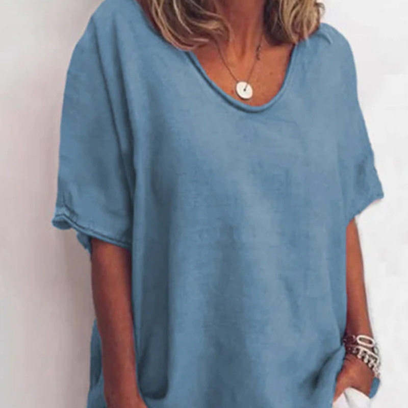 Womens Casual Loose Fit T Shirt Solid Color V Neck Short Sleeve Summer Style Wholesale Available