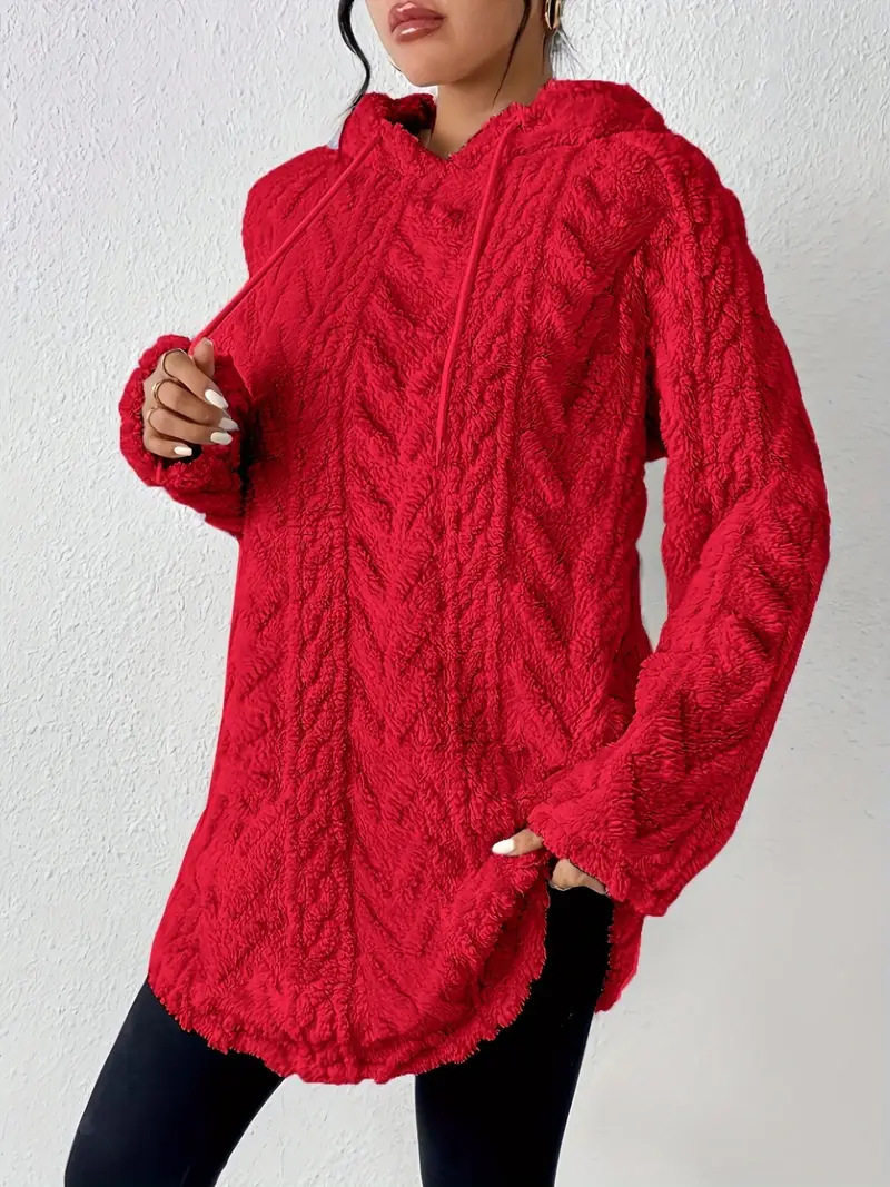 Hooded Long Sleeve Pullover Sweater Slim Fit Drawstring Plush Fabric Solid Color Fall Fashion for Women Wholesale