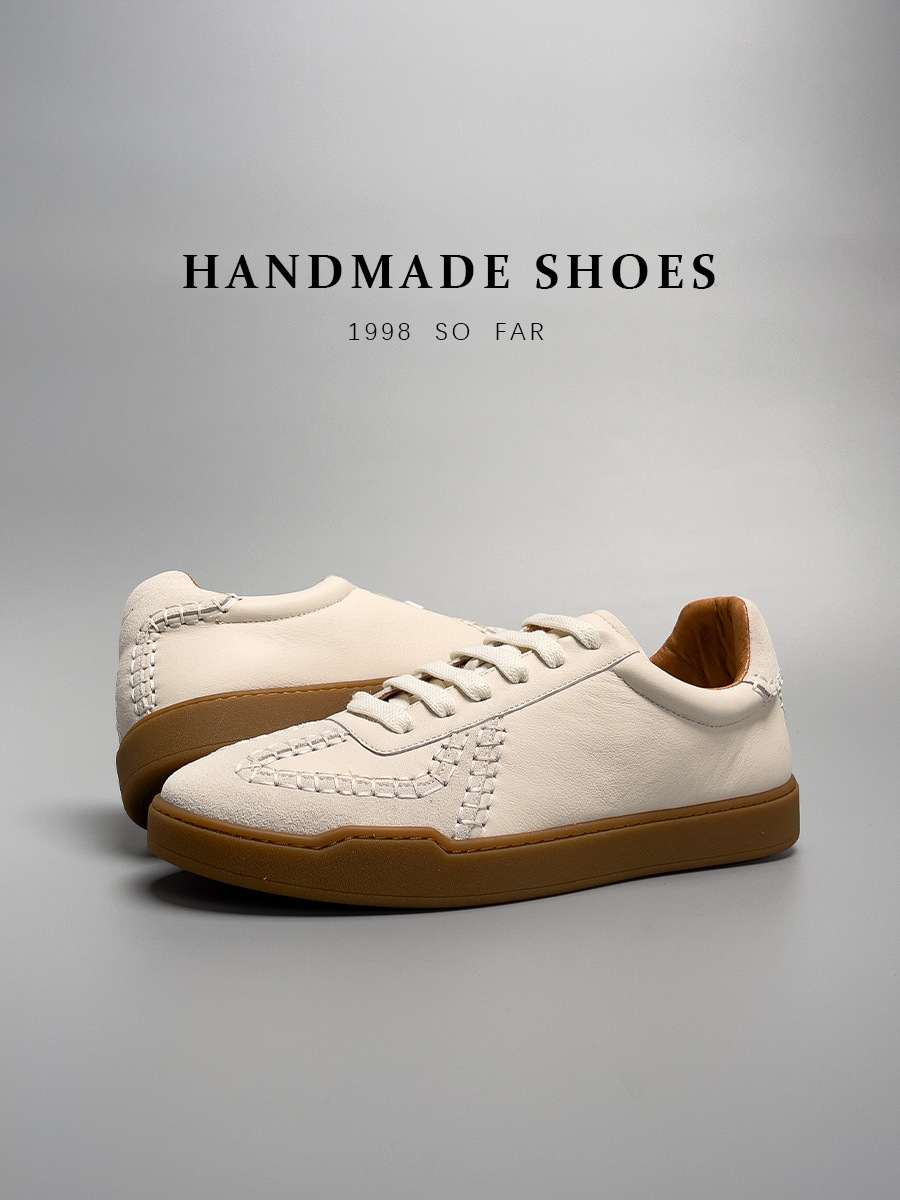 Giày sneaker nam da bò thật cao cấp đế thấp kiểu bóng chày — Màu Be [tỷ lệ chất lượng trên 1000]
