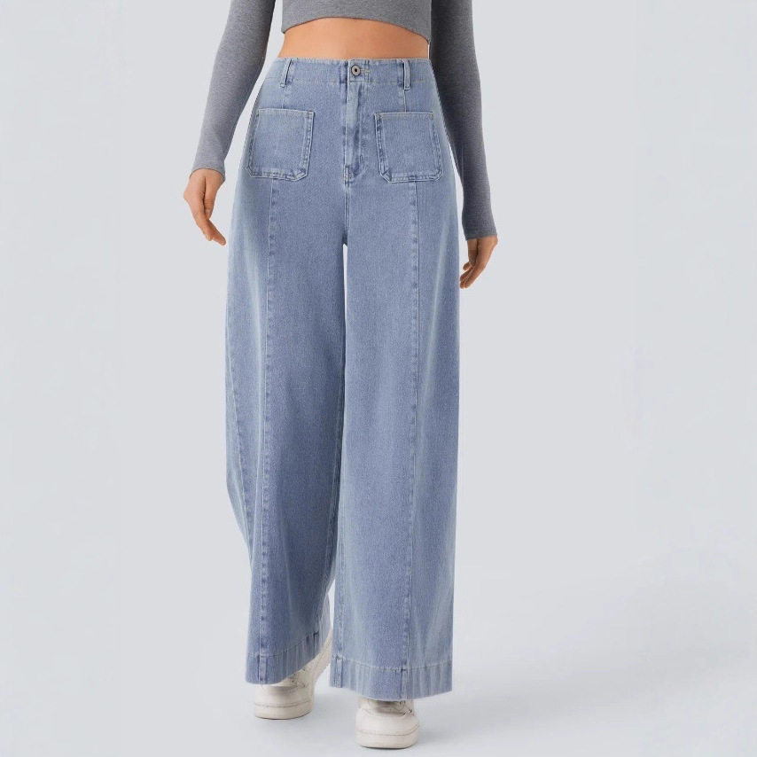 High Waisted Pocketed Patchwork Button Zipper Wide Leg Jeans Womens Fashion Fall Winter Collection Wholesale Available