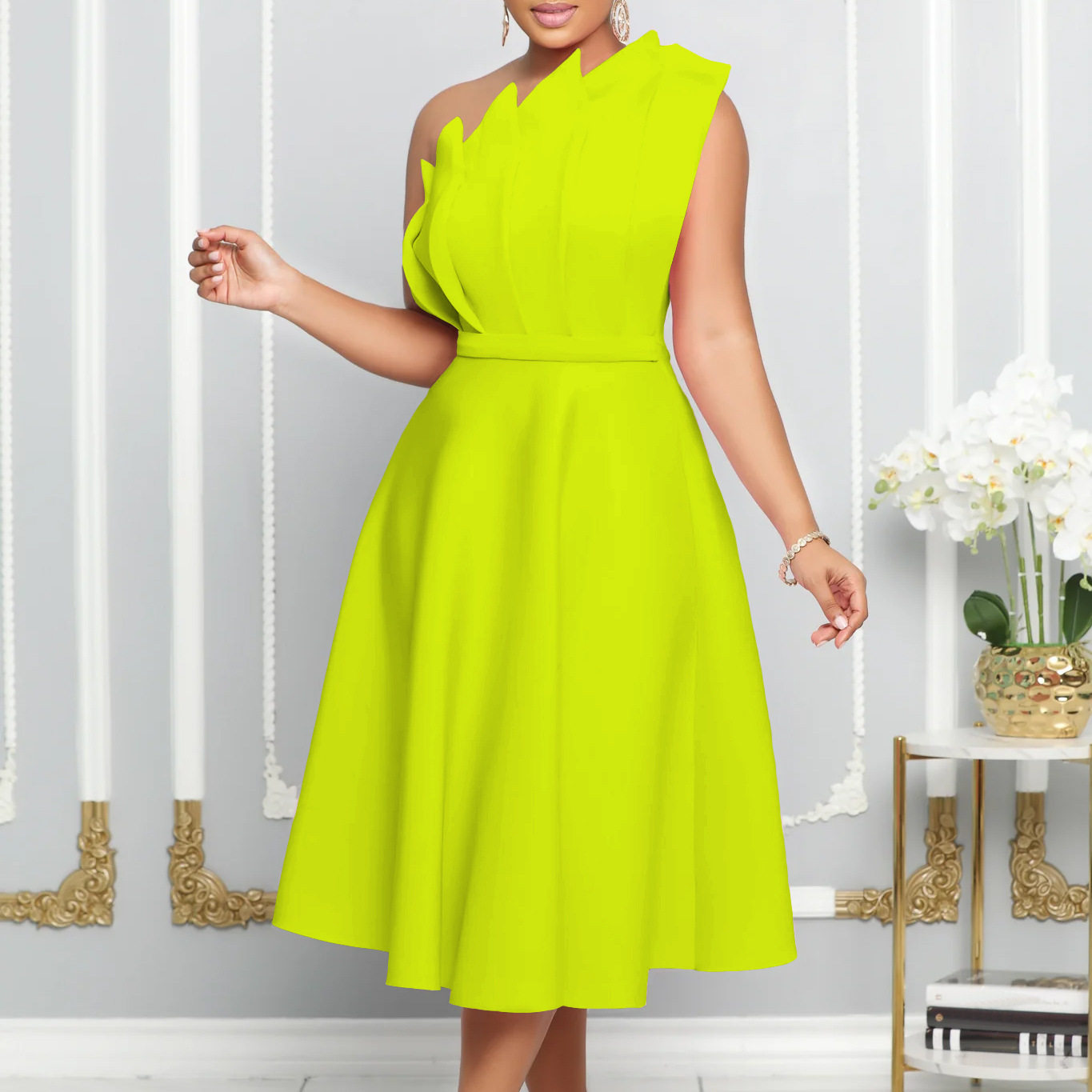 Plus Size Womens Summer Dress Sexy Asymmetrical Neckline High Waist Pleated Design Evening Party or Banquet Wear