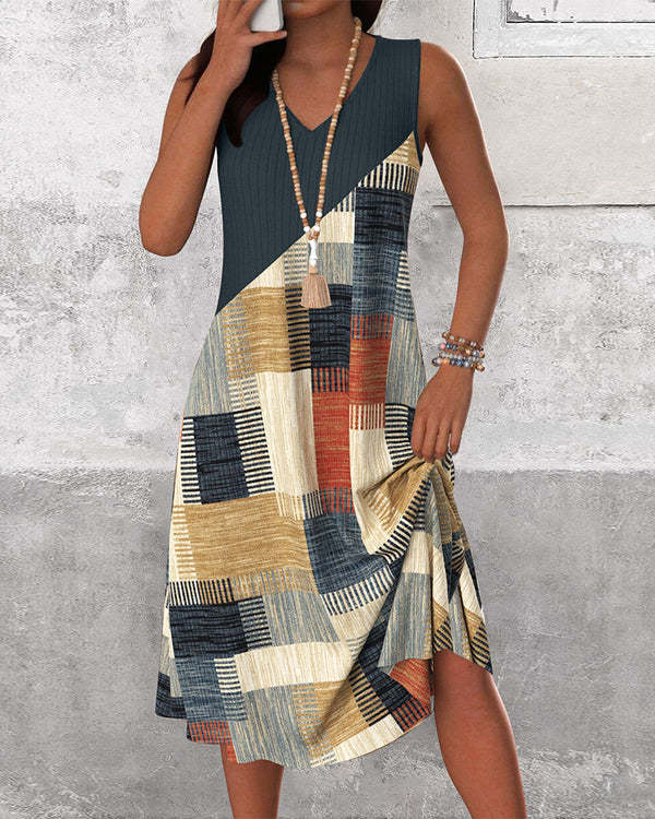 Casual Color Block Sleeveless V Neck Dress Summer Collection Versatile Womens Fashion Wholesale Available