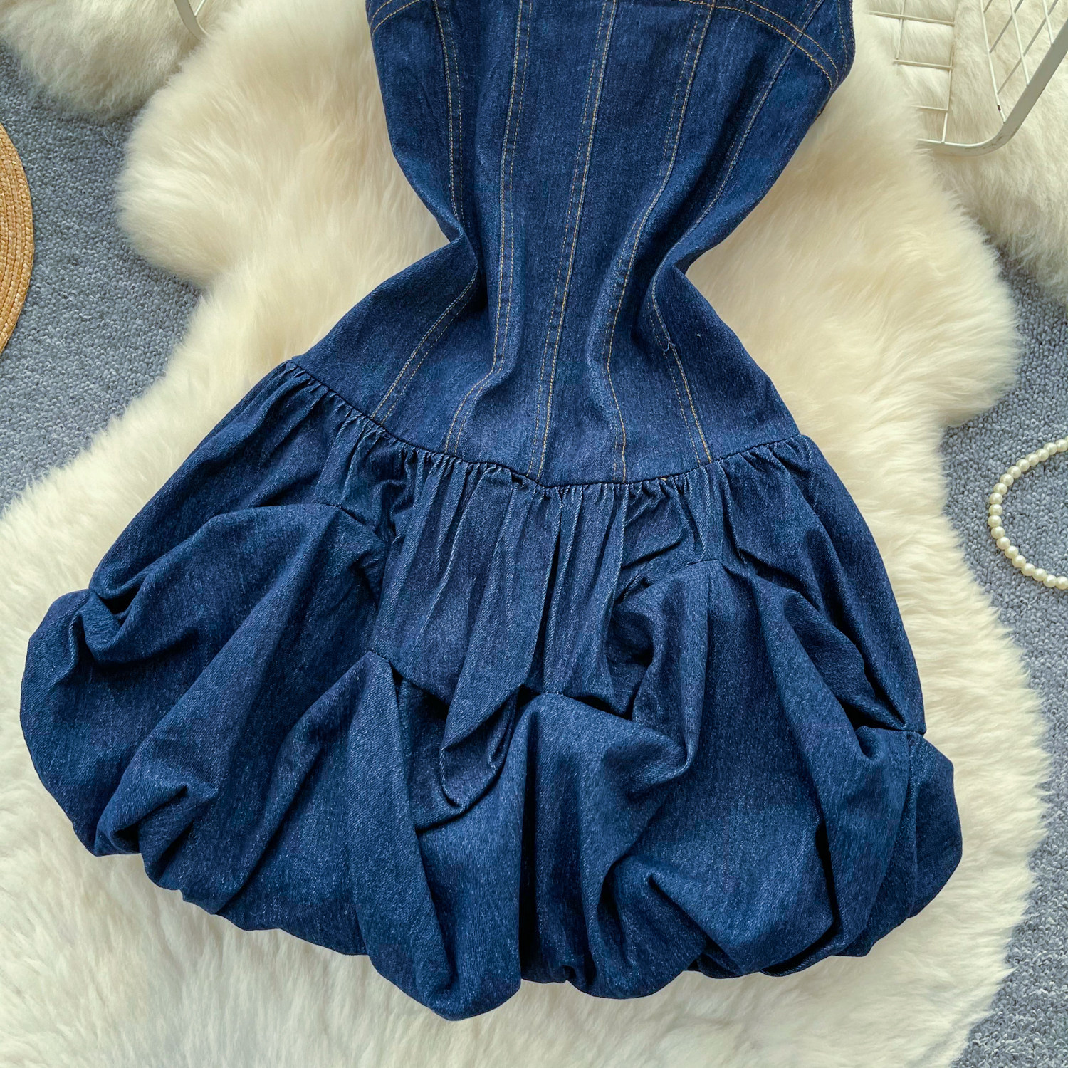 Summer Womens Denim A Line Dress with Sleeveless Design and Waist Cinching Fit in Blue Available in Multiple Sizes Wholesale