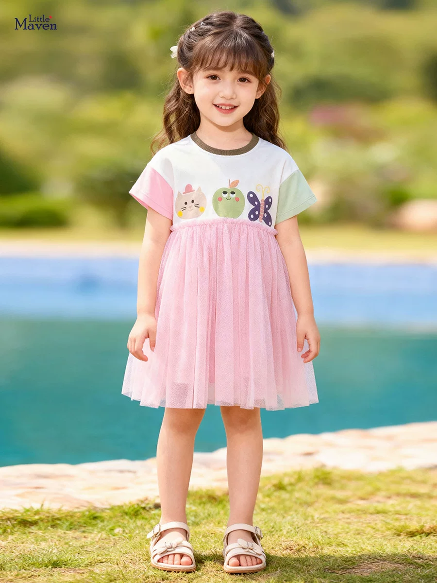 Girls' Summer Short-Sleeve Mesh Dress, Cute Kids' Princess Dress