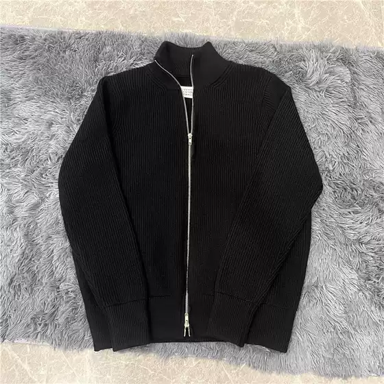 Margiela Style High Collar Double Zipper Warm Wool Cardigan Knitwear High Weight Fleece-Lined Thickeneded Jacket Knitwear