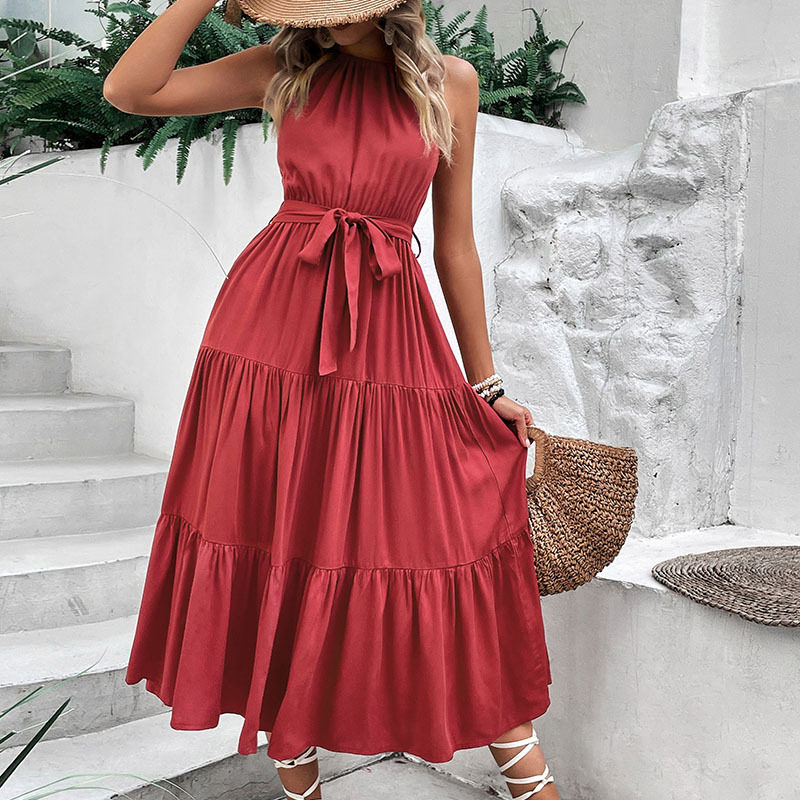 Elegant Solid Color Midi Dress Summer Style Halter Neck Comfortable Fabric Perfect for Casual Outings Wholesale