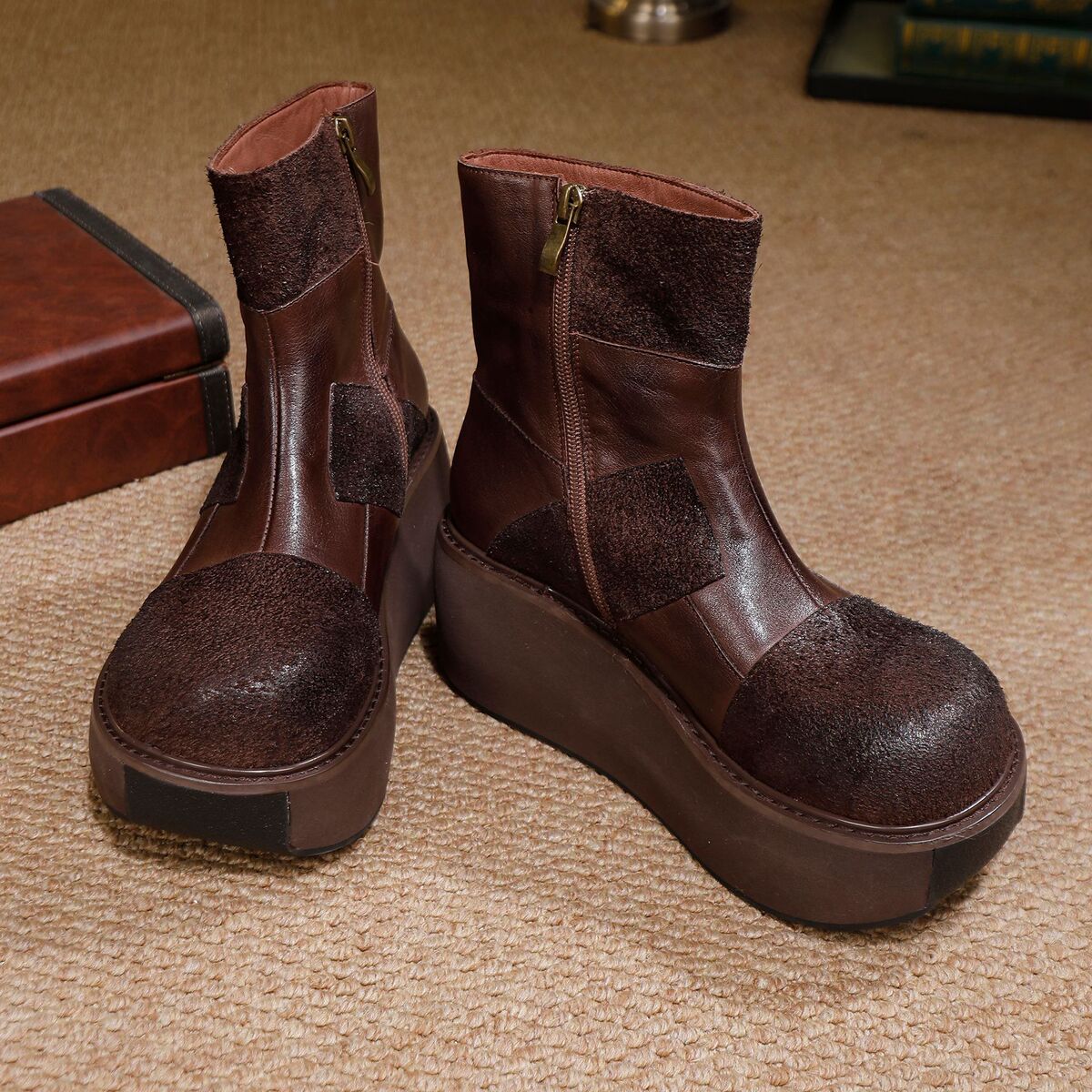 Boot nữ cổ thấp da bò thật đế dày phong cách cổ điển — màu cà phê, màu xám