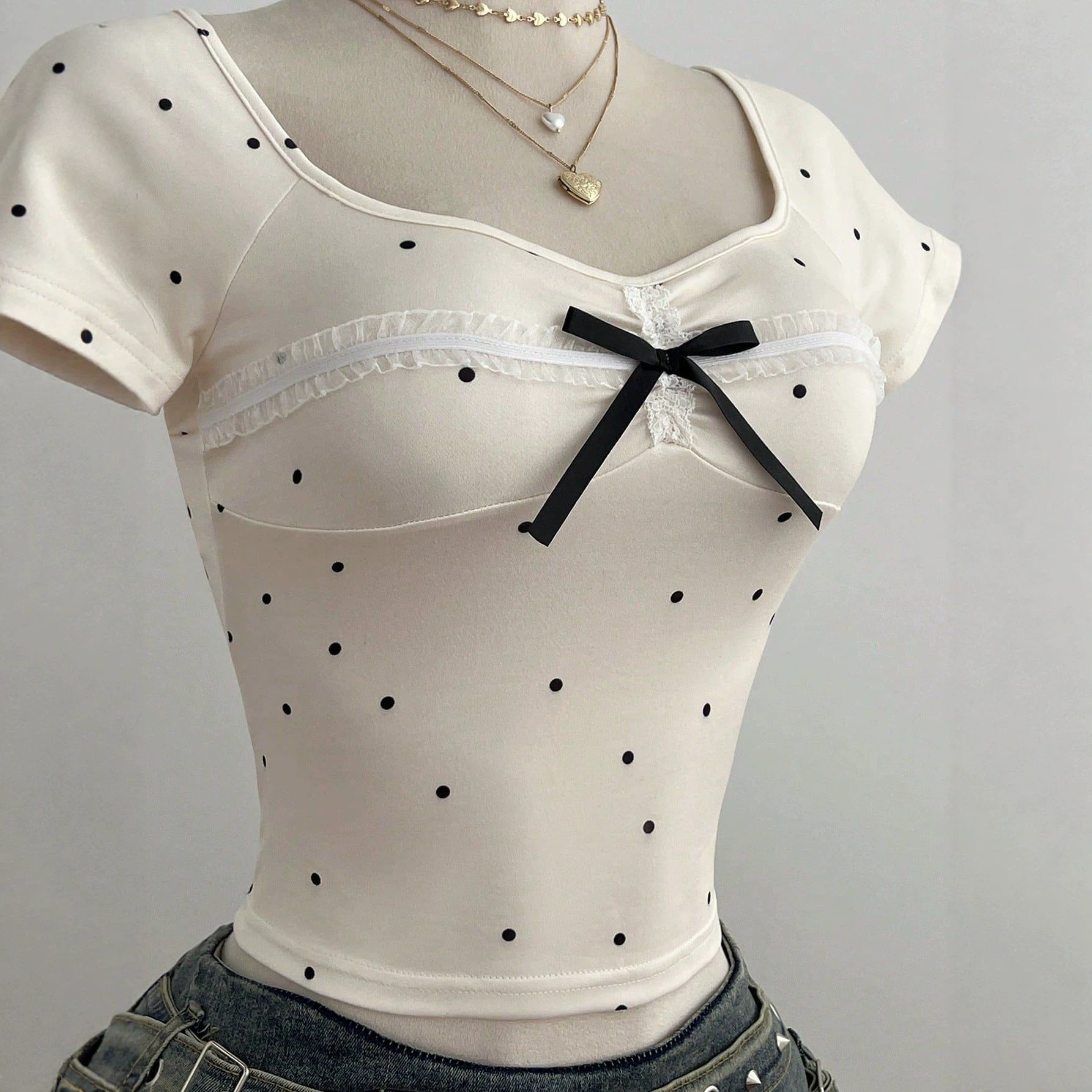 Summer Womens Short Sleeve T Shirt Polka Dot Design Bow Detail Casual Style Ready to Ship Low MOQ