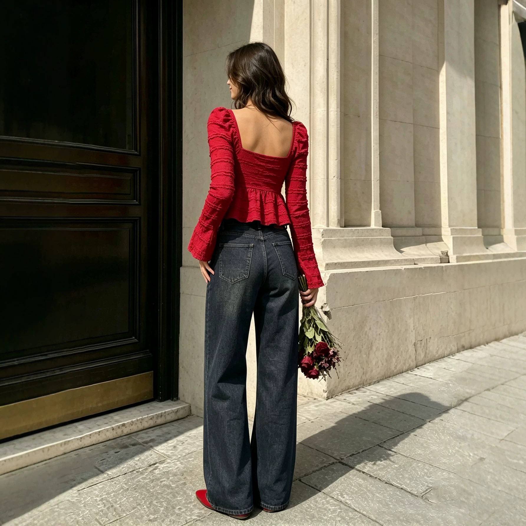 Vintage Red Textured Top Square Neck Drawstring Waist Backless Ruffle Bell Sleeves Autumn Winter Fashion
