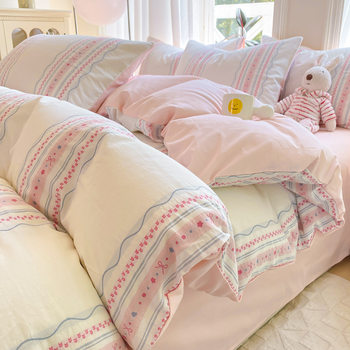 Class a Maternal and Infant-Grade All-Cotton Four-Piece Set, Yarn-Dyed Pure Cotton Three-Piece Set, 100% Cotton Duvet Cover, Bed Sheet, Striped, Fresh Style