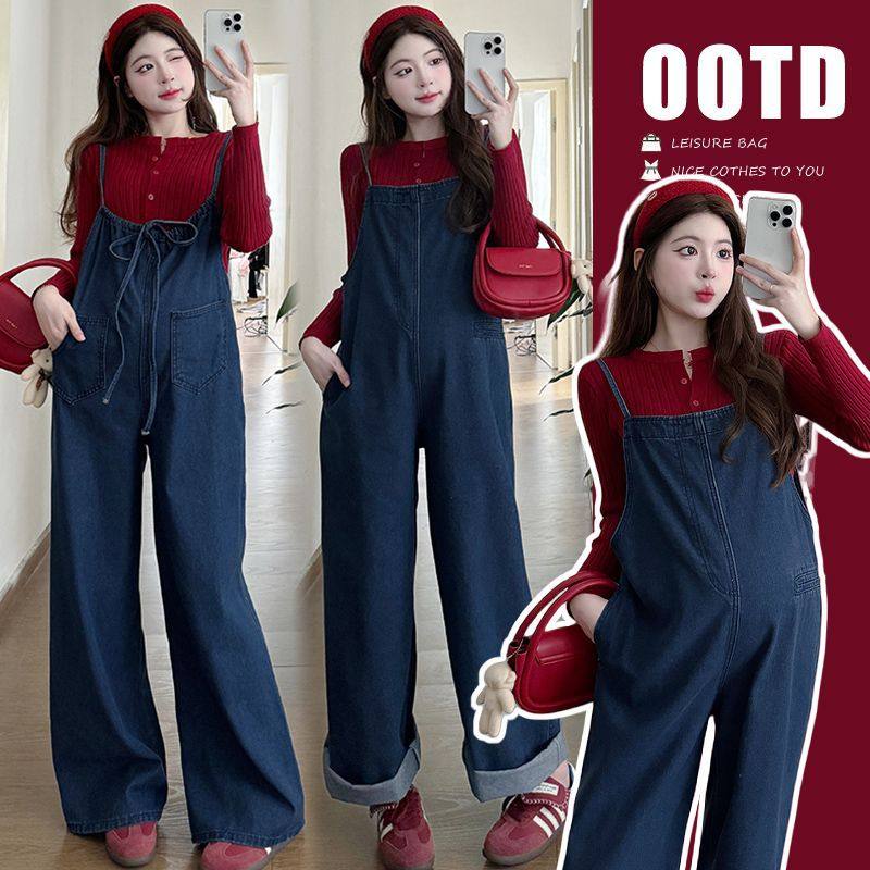 Unmun Maternity Overalls Spring and Autum New Retro Casual Front and Rear Two-Wear Wide-Leg Jeans Sweater Bottoming